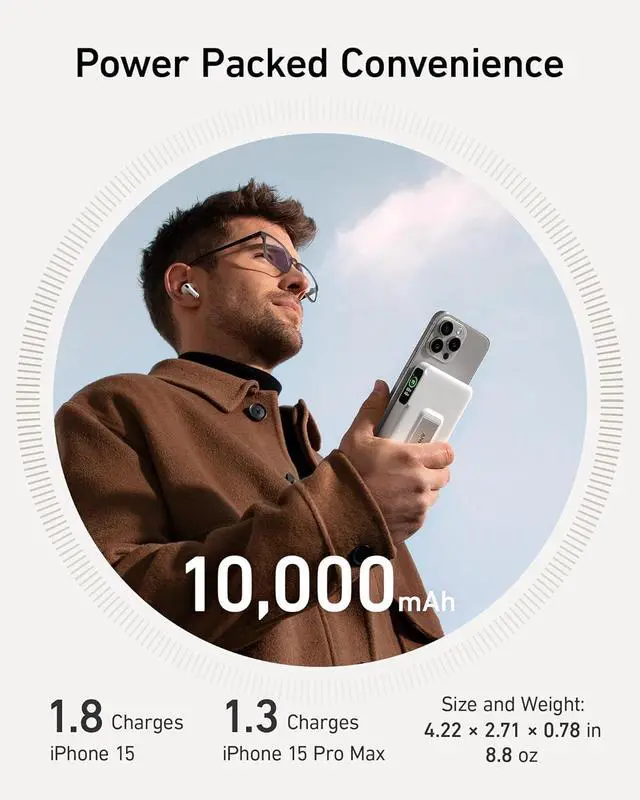 Alt view image 4 of 6 - Anker MagGo Power Bank, Qi2 Certified 15W Ultra-Fast MagSafe-Compatible Portable Charger, 10,000mAh Battery Pack with Smart Display and Foldable Stand, for iPhone 15/14/13/12 (USB-C Cable Included)