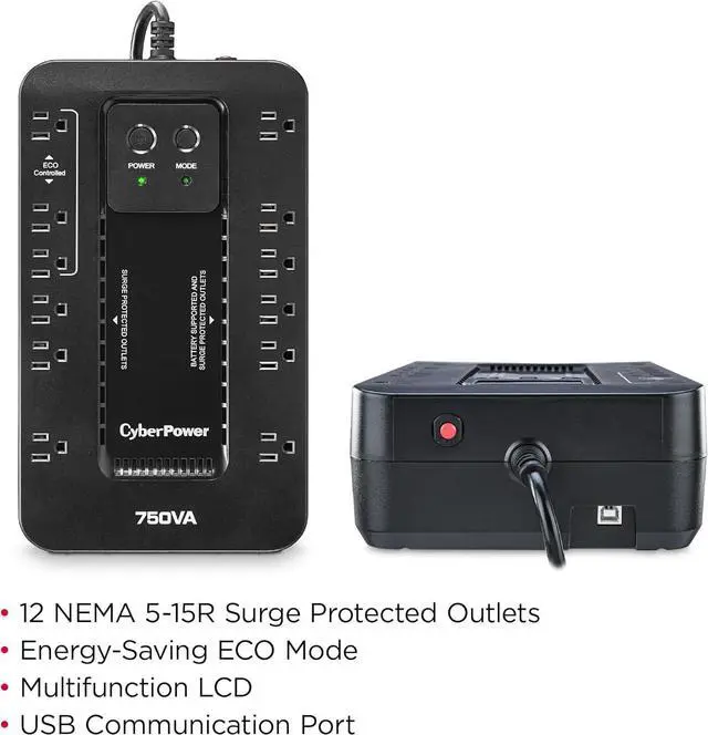 Alt view image 4 of 7 - EC750GTAA Ecologic Battery Backup & Surge Protector UPS System, 750VA/450W, 12 Outlets, ECO Mode, Compact Uninterruptible Power Supply, TAA Certified