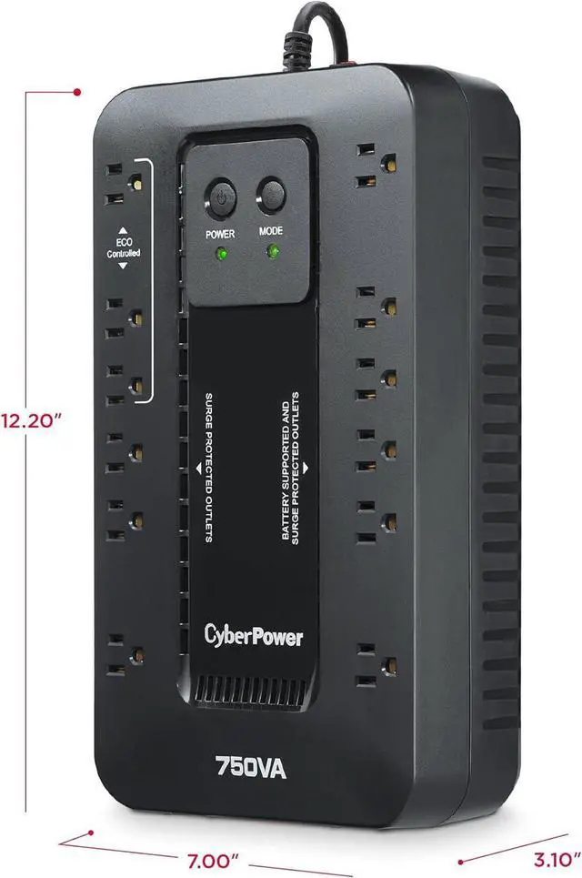 Alt view image 5 of 7 - EC750GTAA Ecologic Battery Backup & Surge Protector UPS System, 750VA/450W, 12 Outlets, ECO Mode, Compact Uninterruptible Power Supply, TAA Certified
