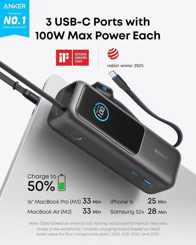 Alt view image 2 of 6 - Anker Laptop Power Bank, 25,000mAh Portable Charger with Triple 100W USB-C Ports for Multi-Device Charging, Built-in and Retractable Cables, for iPhone 16/15 Series, Samsung, and More