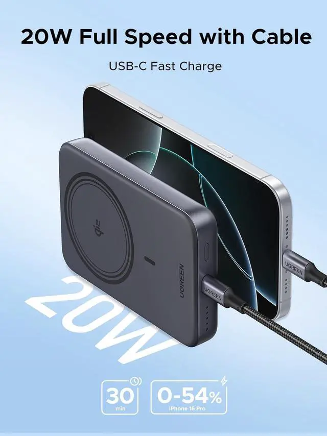Alt view image 4 of 7 - UGREEN Magnetic Power Bank Qi2 Certified 15W Fast Charging Wireless Battery Pack Slim 10000mAh Magsafe Portable Charger with 20W USB-C for iPhone 16/15/14/13/12 Series Black