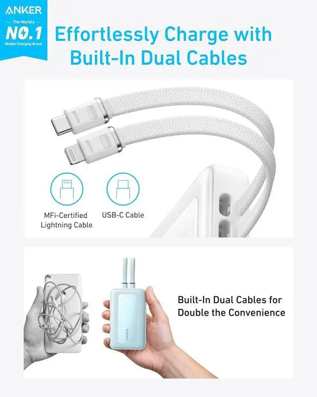 Alt view image 2 of 6 - Anker Zolo Power Bank, 10,000mAh 30W Max Fast Portable Charger with Built-in USB-C and MFi Certified Lightning Cables, USB-C&A, Battery Pack for iPhone 16/15 Series, MacBook, Galaxy (White)