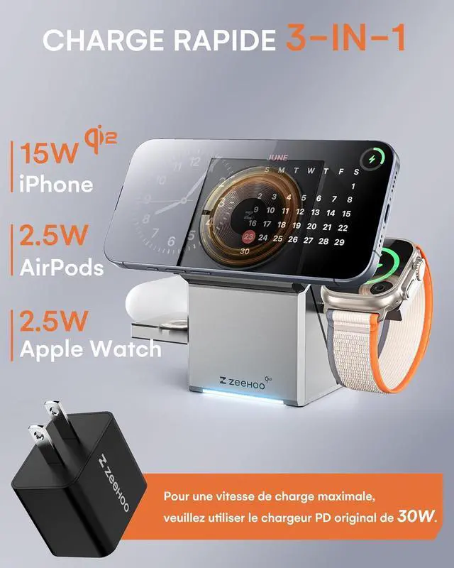 Alt view image 3 of 7 - 3 in 1 Charging Station for Apple, iPhone Mag-Safe Charger, Qi2 Certified, Rotating Wireless Charger Stand 15,14,13,12 Series, Apple Watch, AirPods (USB-C Included) by DT