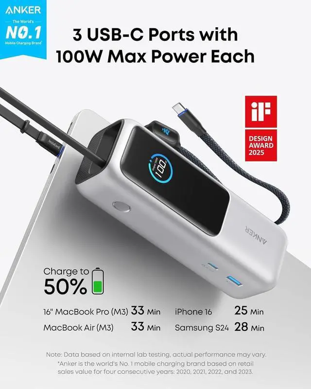 Alt view image 2 of 6 - Anker Laptop Power Bank, 25,000mAh Portable Charger with Triple 100W USB-C Ports, Built-in and Retractable Cables, for iPhone 16/15 Series, MacBook, Samsung, and More (Flight-Approved)