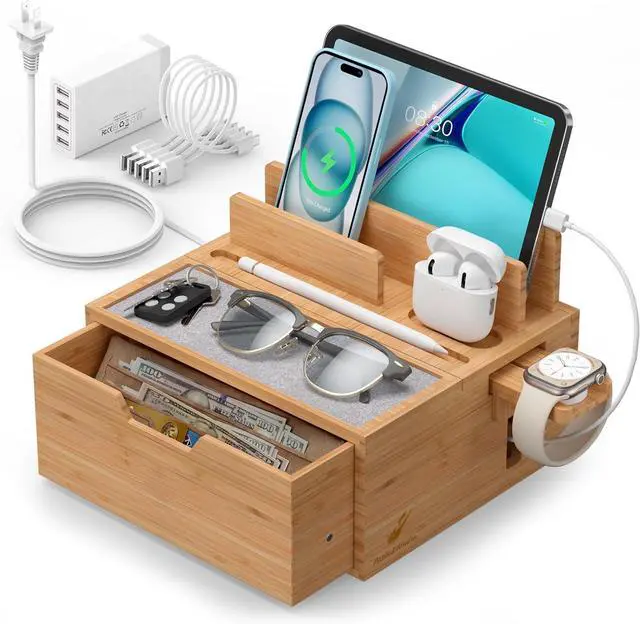 Main image of Multi-Device Charging Station Dock & Organizer with Power Supply (5 Ports HUB) and Cables Bedside Docking Station with Drawer Compartment -Natural Bamboo