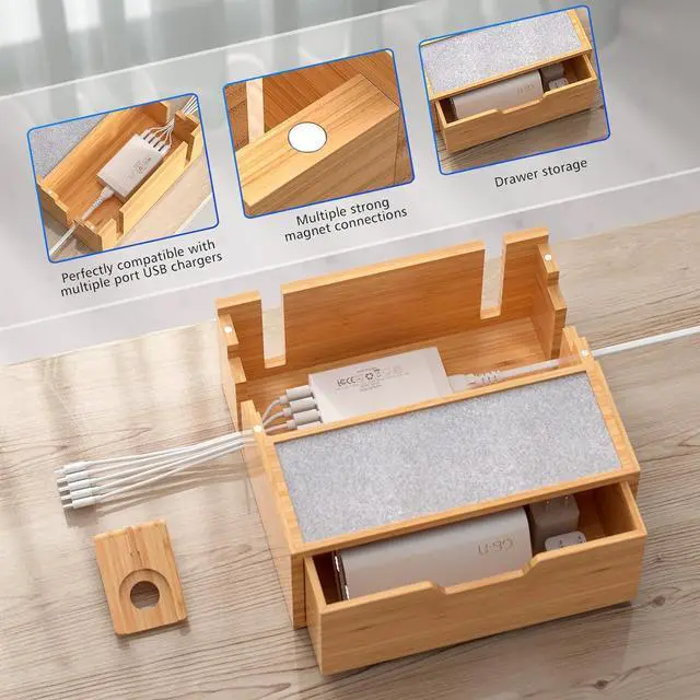 Alt view image 5 of 7 - Multi-Device Charging Station Dock & Organizer with Power Supply (5 Ports HUB) and Cables Bedside Docking Station with Drawer Compartment -Natural Bamboo