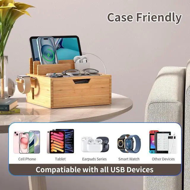 Alt view image 2 of 7 - Multi-Device Charging Station Dock & Organizer with Power Supply (5 Ports HUB) and Cables Bedside Docking Station with Drawer Compartment -Natural Bamboo