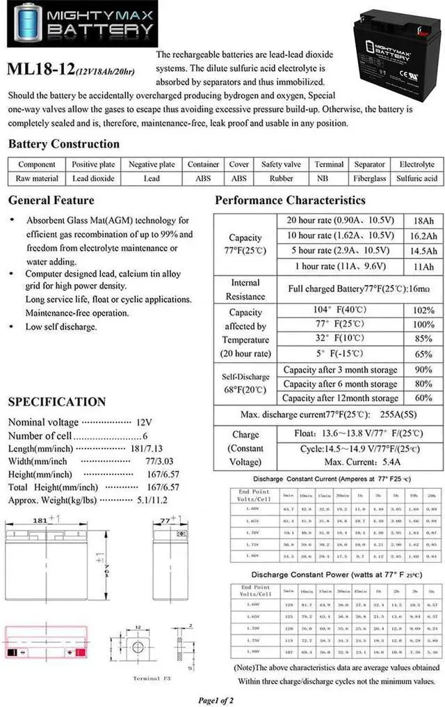 Alt view image 6 of 7 - Mighty Max Battery ML18-12 - 12V 18AH Rechargeable Battery for Champion Generator 9000 7000