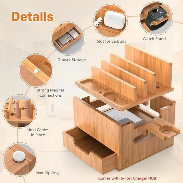Alt view image 3 of 7 - Pezin & Hulin Multi Device Charging Station, with Charger HUB Adapter, All in One Large Dock Organizer with Drawer Storage, Compatible with Phones, Tablets, Earbuds (5 Mixed Cables Included)