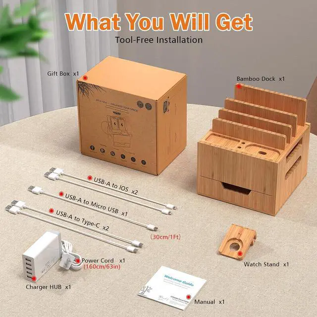 Alt view image 4 of 7 - Pezin & Hulin Multi Device Charging Station, with Charger HUB Adapter, All in One Large Dock Organizer with Drawer Storage, Compatible with Phones, Tablets, Earbuds (5 Mixed Cables Included)