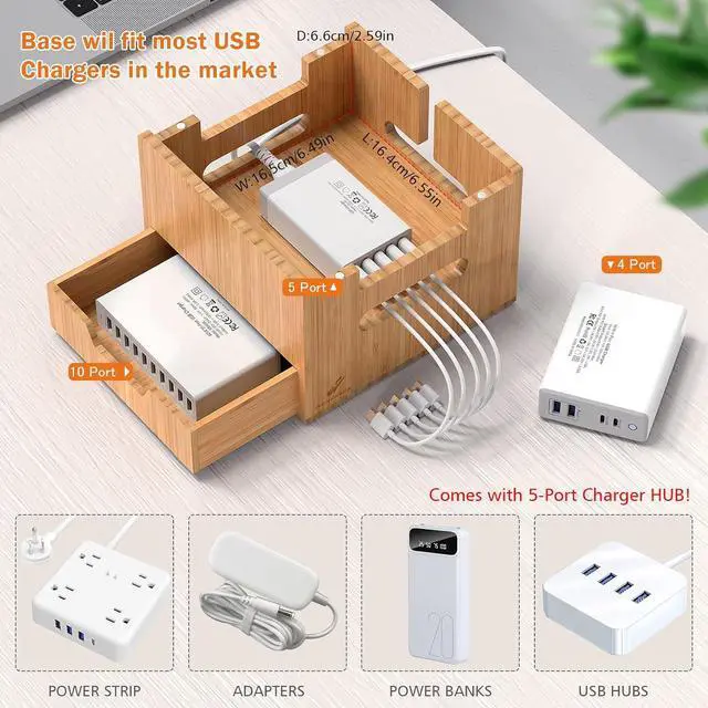 Alt view image 5 of 7 - Pezin & Hulin Multi Device Charging Station, with Charger HUB Adapter, All in One Large Dock Organizer with Drawer Storage, Compatible with Phones, Tablets, Earbuds (5 Mixed Cables Included)