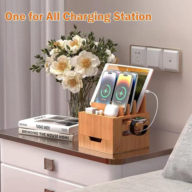 Alt view image 6 of 7 - Pezin & Hulin Multi Device Charging Station, with Charger HUB Adapter, All in One Large Dock Organizer with Drawer Storage, Compatible with Phones, Tablets, Earbuds (5 Mixed Cables Included)