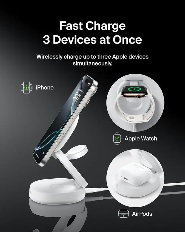 Alt view image 2 of 6 - MagSafe Charger Compatible 3-in-1 Qi2 Wireless Charging Station 15W Convertible Wireless Charger for iPhone 16  Watch AirPods Portable Phone Stand for Travel w/ 36W Adapter - White