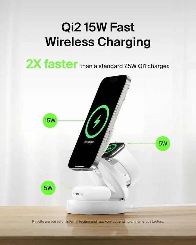 Alt view image 3 of 6 - MagSafe Charger Compatible 3-in-1 Qi2 Wireless Charging Station 15W Convertible Wireless Charger for iPhone 16  Watch AirPods Portable Phone Stand for Travel w/ 36W Adapter - White