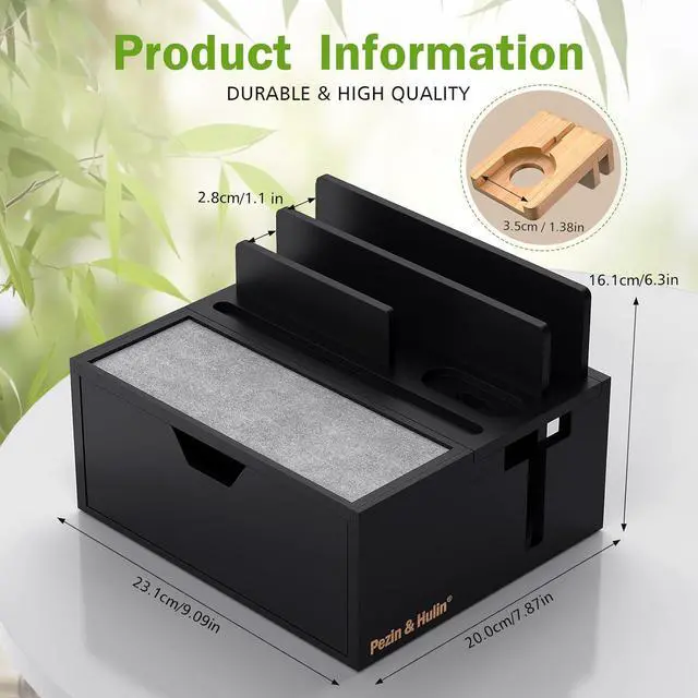 Alt view image 3 of 7 - Pezin & Hulin Bamboo Charging Station for Multi Device with 5-Port USB Charger, Phone Docking Station with Lined Tray & Drawer (Include 5 Charging Cables) - Black