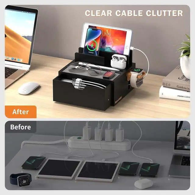 Alt view image 7 of 7 - Pezin & Hulin Bamboo Charging Station for Multi Device with 5 USB Charger HUB, Phone Docking Station with Lined Tray & Drawer(Include 5 Charger Cables)-Black