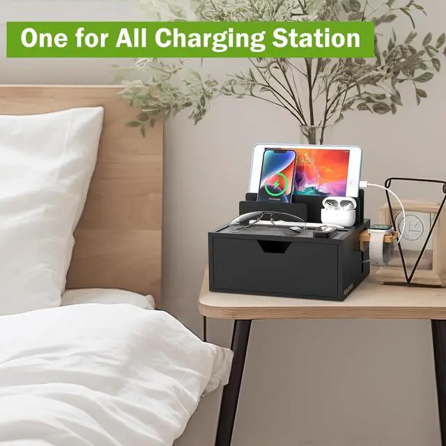 Alt view image 5 of 7 - Pezin & Hulin Bamboo Charging Station for Multi Device with 5 USB Charger HUB, Phone Docking Station with Lined Tray & Drawer(Include 5 Charger Cables)-Black