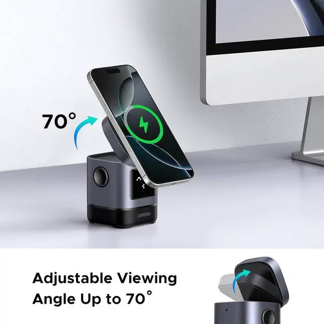 Alt view image 4 of 7 - Uno Qi2 Certified 15W Wireless Charger Stand 2-in-1 Foldable Charging Station Compatible with iPhone 16/15/14/13/12 Series AirPods 2/3/Pro (No AC Adapter)