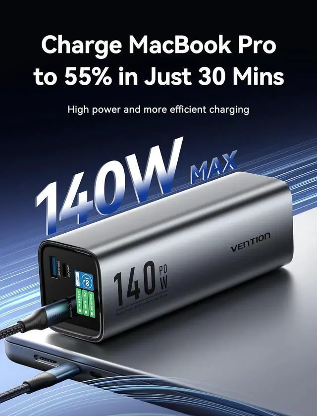 Alt view image 2 of 7 - VENTION Lapop Power Bank, 27000mAh PD140W Fast Charging USB-C Powerbank 3-Port Portable Charger with Smart Display, Battery Pack for Laptops, MacBook Pro, iPhone 16 15 14, iPad