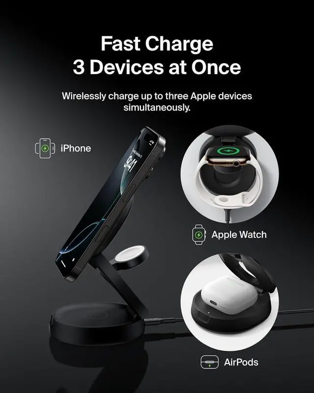 Alt view image 2 of 6 - Belkin MagSafe Charger Compatible, 3-in-1 Qi2 Wireless Charging Station 15W, Convertible Wireless Charger for iPhone 16, Apple Watch, AirPods, Portable Phone Stand for Travel w/ 36W Adapter - Black