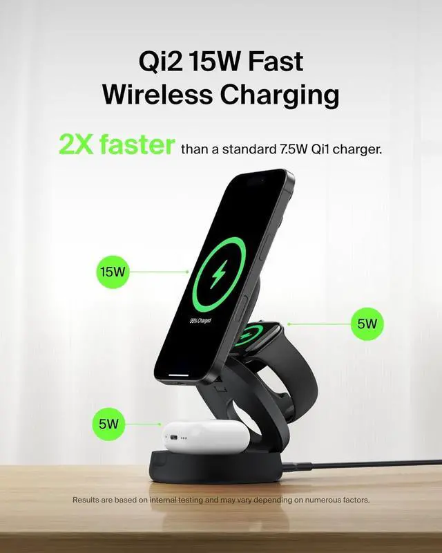 Alt view image 3 of 6 - Belkin MagSafe Charger Compatible, 3-in-1 Qi2 Wireless Charging Station 15W, Convertible Wireless Charger for iPhone 16, Apple Watch, AirPods, Portable Phone Stand for Travel w/ 36W Adapter - Black