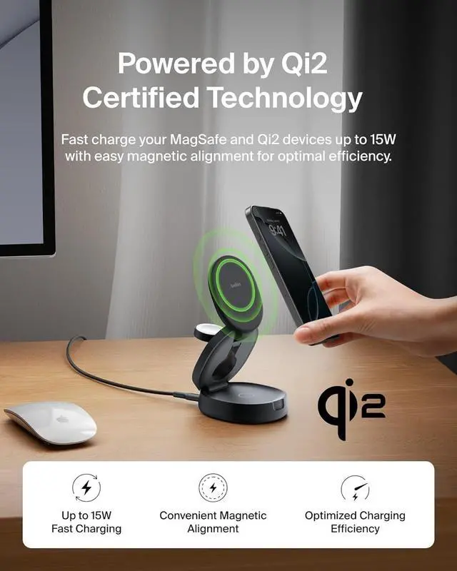 Alt view image 4 of 6 - Belkin MagSafe Charger Compatible, 3-in-1 Qi2 Wireless Charging Station 15W, Convertible Wireless Charger for iPhone 16, Apple Watch, AirPods, Portable Phone Stand for Travel w/ 36W Adapter - Black
