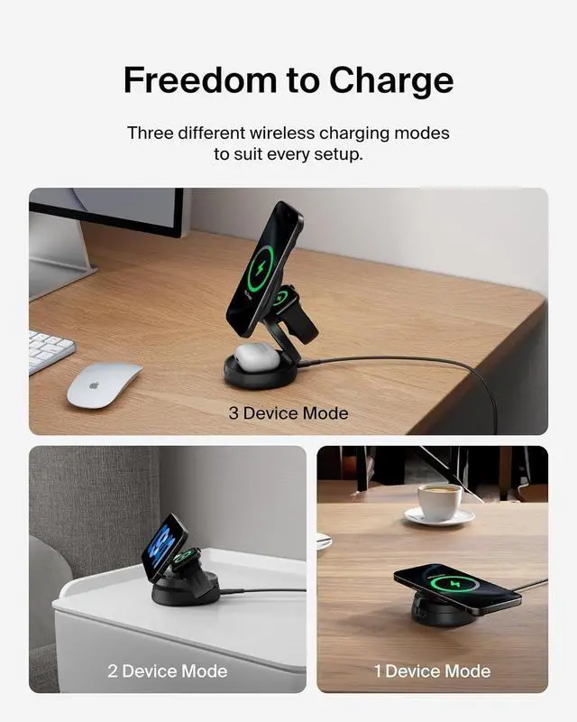 Alt view image 5 of 6 - Belkin MagSafe Charger Compatible, 3-in-1 Qi2 Wireless Charging Station 15W, Convertible Wireless Charger for iPhone 16, Apple Watch, AirPods, Portable Phone Stand for Travel w/ 36W Adapter - Black