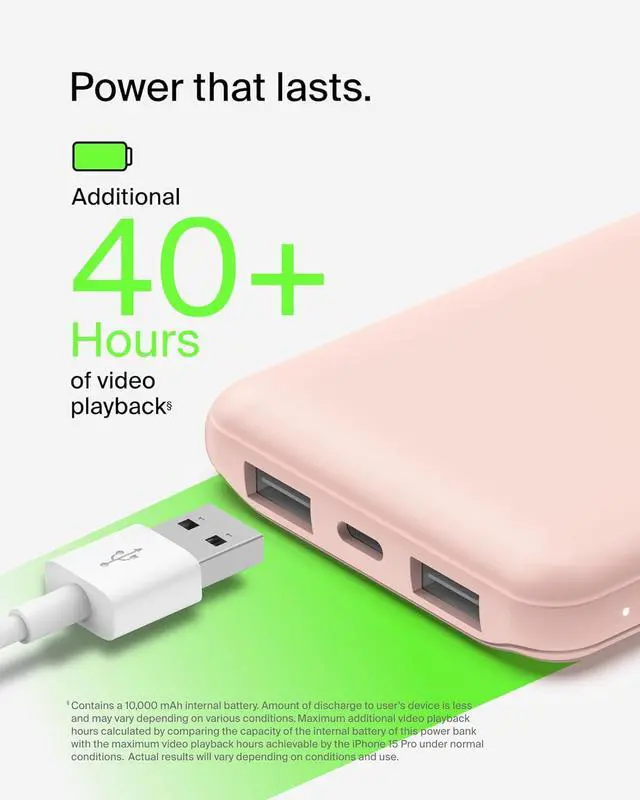 Alt view image 5 of 7 - Belkin USB C Portable Charger Power Bank, 10000 mAh with 1 USB C Port and 2 USB A Ports for up to 15W Charging for iPhone 12, 11, XS Pro, Max, Mini, AirPods, iPad, Galaxy S21, Ultra and More - Pink