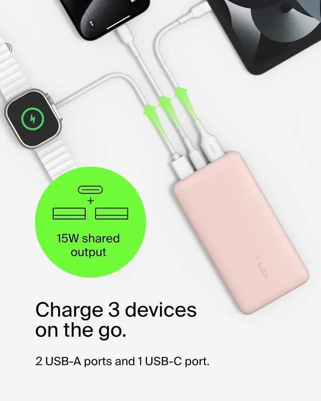 Alt view image 4 of 7 - Belkin USB C Portable Charger Power Bank, 10000 mAh with 1 USB C Port and 2 USB A Ports for up to 15W Charging for iPhone 12, 11, XS Pro, Max, Mini, AirPods, iPad, Galaxy S21, Ultra and More - Pink