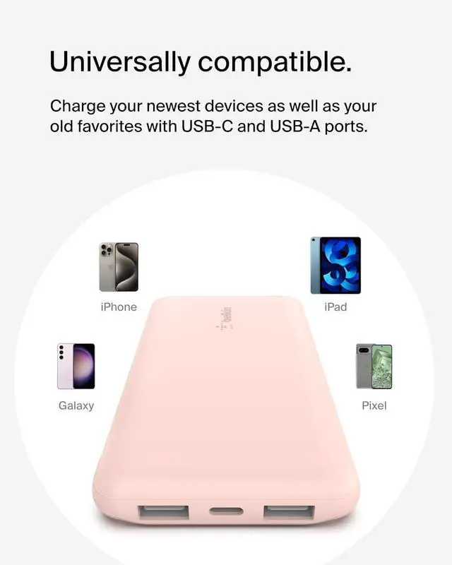 Alt view image 7 of 7 - Belkin USB C Portable Charger Power Bank, 10000 mAh with 1 USB C Port and 2 USB A Ports for up to 15W Charging for iPhone 12, 11, XS Pro, Max, Mini, AirPods, iPad, Galaxy S21, Ultra and More - Pink