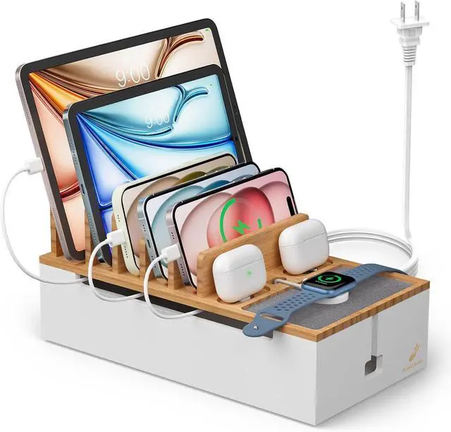 Main image of Multi Devices Charging Station, with USB Adapter and 6 Cables, Cord Organizer for Desk, Cell Phone Charger Dock to Management Cables and Power Strip, Desktop Cord Hider Box -Natural +White