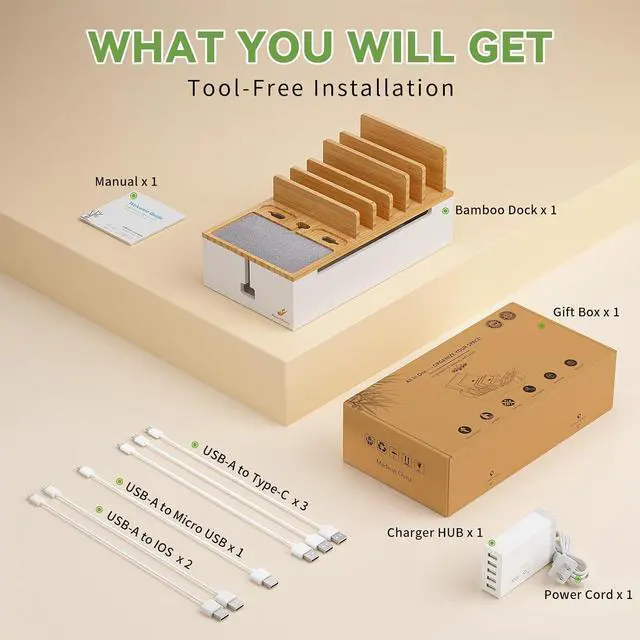 Alt view image 2 of 7 - Multi Devices Charging Station, with USB Adapter and 6 Cables, Cord Organizer for Desk, Cell Phone Charger Dock to Management Cables and Power Strip, Desktop Cord Hider Box -Natural +White