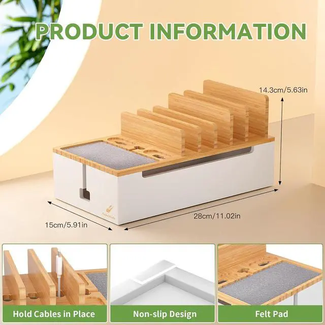 Alt view image 5 of 7 - Multi Devices Charging Station, with USB Adapter and 6 Cables, Cord Organizer for Desk, Cell Phone Charger Dock to Management Cables and Power Strip, Desktop Cord Hider Box -Natural +White