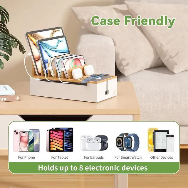 Alt view image 4 of 7 - Multi Devices Charging Station, with USB Adapter and 6 Cables, Cord Organizer for Desk, Cell Phone Charger Dock to Management Cables and Power Strip, Desktop Cord Hider Box -Natural +White