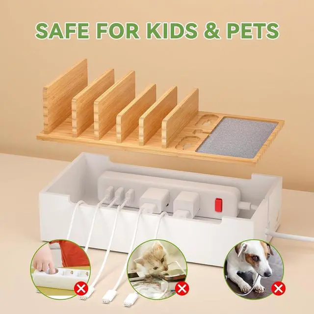 Alt view image 6 of 7 - Multi Devices Charging Station, with USB Adapter and 6 Cables, Cord Organizer for Desk, Cell Phone Charger Dock to Management Cables and Power Strip, Desktop Cord Hider Box -Natural +White