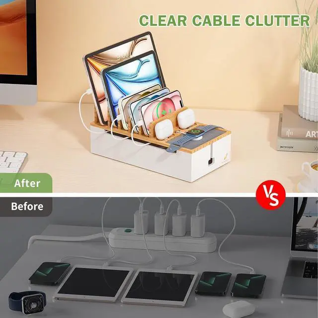 Alt view image 3 of 7 - Multi Devices Charging Station, with USB Adapter and 6 Cables, Cord Organizer for Desk, Cell Phone Charger Dock to Management Cables and Power Strip, Desktop Cord Hider Box -Natural +White