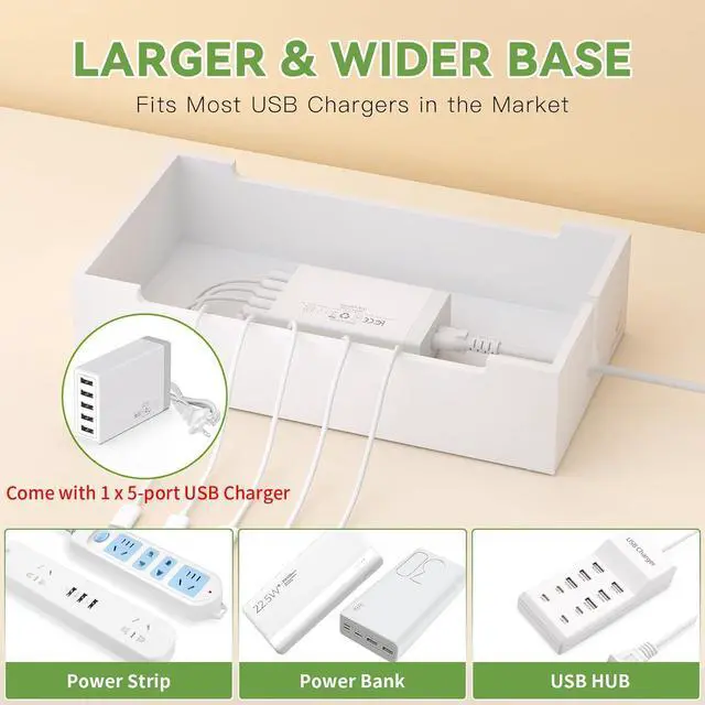 Alt view image 7 of 7 - Multi Devices Charging Station, with USB Adapter and 6 Cables, Cord Organizer for Desk, Cell Phone Charger Dock to Management Cables and Power Strip, Desktop Cord Hider Box -Natural +White