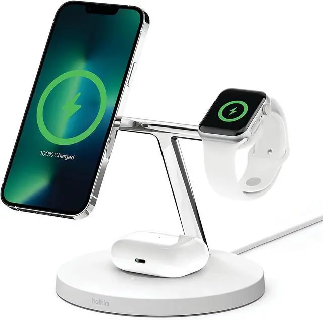 Main image of Belkin BoostCharge PRO 3-in-1 Wireless Charger with MagSafe for iPhone 13, 12 + Apple Watch + AirPods (Magnetically Charges iPhone 13 and 12 Models up to 15W)