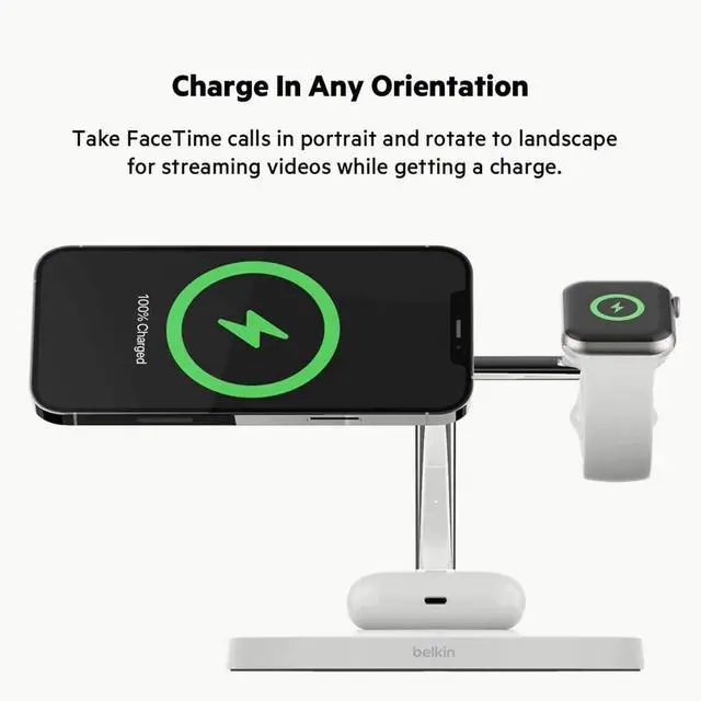 Alt view image 6 of 7 - Belkin BoostCharge PRO 3-in-1 Wireless Charger with MagSafe for iPhone 13, 12 + Apple Watch + AirPods (Magnetically Charges iPhone 13 and 12 Models up to 15W)
