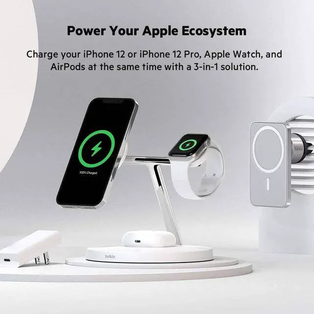 Alt view image 4 of 7 - Belkin BoostCharge PRO 3-in-1 Wireless Charger with MagSafe for iPhone 13, 12 + Apple Watch + AirPods (Magnetically Charges iPhone 13 and 12 Models up to 15W)