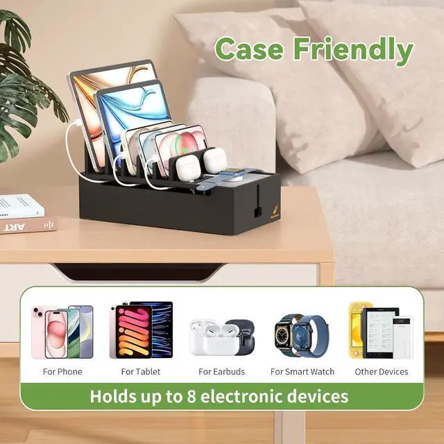 Alt view image 4 of 7 - Multi Charger Station Organizer, 5-Port USB Charger Dock with 6 Cables, Cable Management Box, Cord Organizer for Desk, Wire Organizers and Storage for Cords and Power Strip -Black