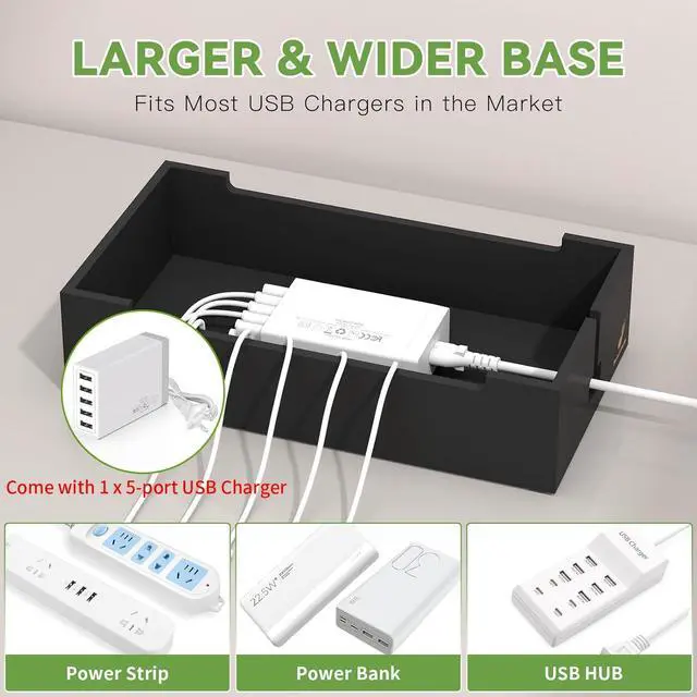 Alt view image 7 of 7 - Cable Management Box, Docking Station for Multi Devices, with 5 Ports Charge Adapter and 6 Cables, Wire Organizer for Cords, Bamboo Box to Hide Cords and Storage Power Strip -Natural + Black