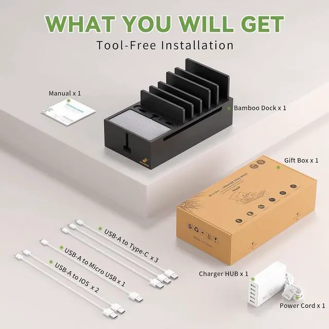 Alt view image 3 of 7 - Multi Charger Station Organizer, 5-Port USB Charger Dock with 6 Cables, Cable Management Box, Cord Organizer for Desk, Wire Organizers and Storage for Cords and Power Strip -Black