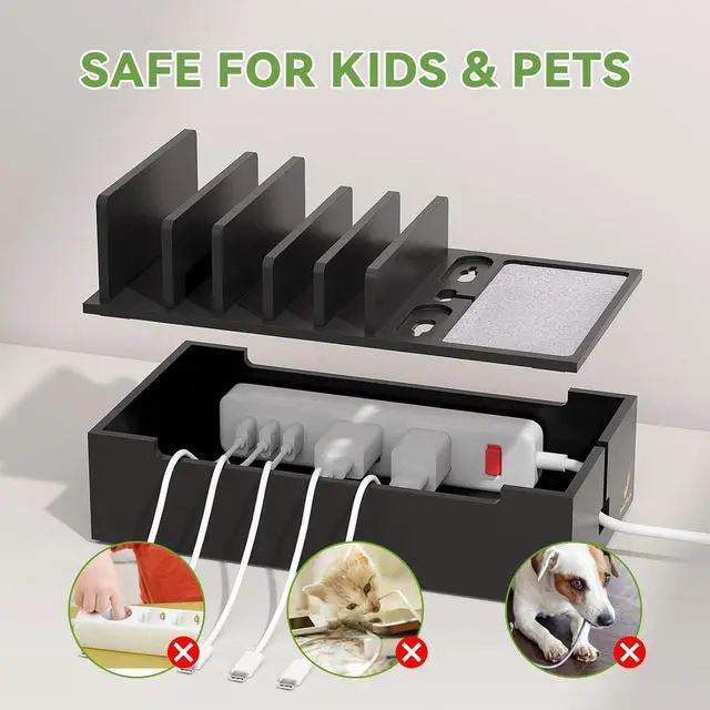 Alt view image 6 of 7 - Multi Charger Station Organizer, 5-Port USB Charger Dock with 6 Cables, Cable Management Box, Cord Organizer for Desk, Wire Organizers and Storage for Cords and Power Strip -Black