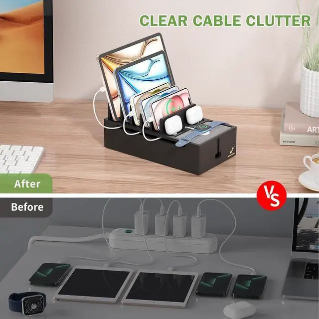 Alt view image 7 of 7 - Multi Charger Station Organizer, 5-Port USB Charger Dock with 6 Cables, Cable Management Box, Cord Organizer for Desk, Wire Organizers and Storage for Cords and Power Strip -Black