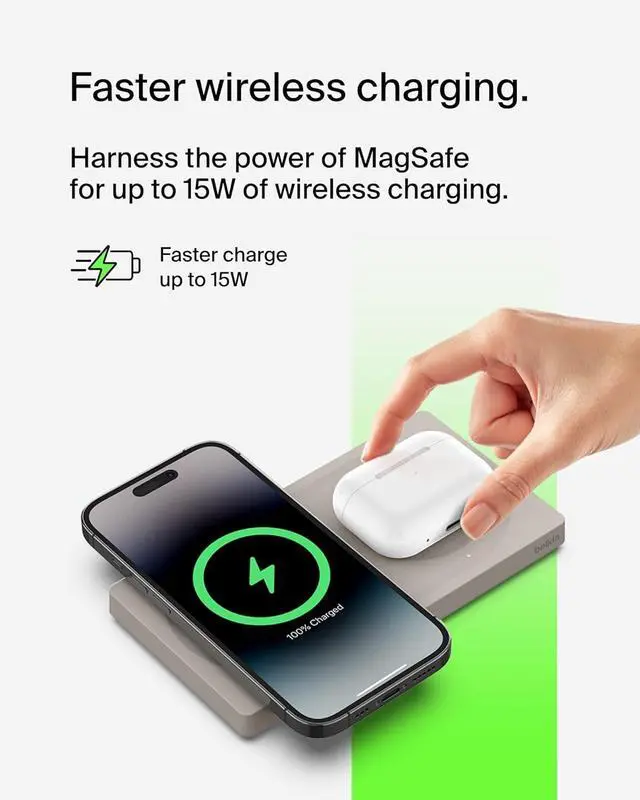 Alt view image 2 of 7 - Belkin MagSafe-Compatible 2-in-1 Wireless Charger 15W, Fast Charging Station for iPhone 16, 15, 14, 13 Series, AirPods, and More - Dual Device Charging Pad - Sand