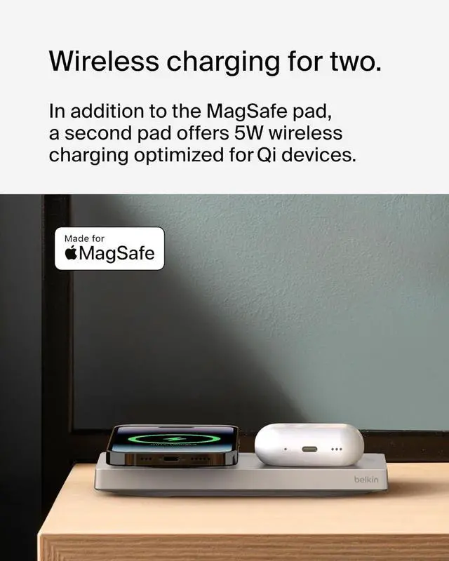 Alt view image 3 of 7 - Belkin MagSafe-Compatible 2-in-1 Wireless Charger 15W, Fast Charging Station for iPhone 16, 15, 14, 13 Series, AirPods, and More - Dual Device Charging Pad - Sand