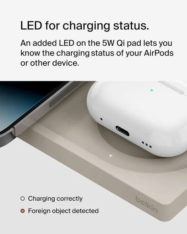 Alt view image 6 of 7 - Belkin MagSafe-Compatible 2-in-1 Wireless Charger 15W, Fast Charging Station for iPhone 16, 15, 14, 13 Series, AirPods, and More - Dual Device Charging Pad - Sand