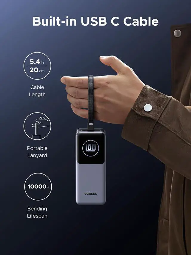 Alt view image 2 of 7 - Nexode Power Bank 20000mAh 130W with Built-in USB C Cable Laptop Travel Portable Charger 80W Input Fast Charging for MacBook Pro/Air/iPhone 16/iPad Pro/Galaxy S25 Ultra//HP and More