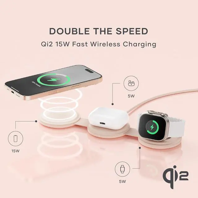 Alt view image 2 of 7 - Satechi OntheGo 3 in 1 Wireless Charger, Qi2 Portable Charger with 15W Fast Charging for iPhone, 5W for Apple Watch, and 5W for AirPods, Magnetic Travel Charging Station  Desert Rose